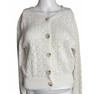TF Classic White Open-Knit Button Cardigan Sweater Medium